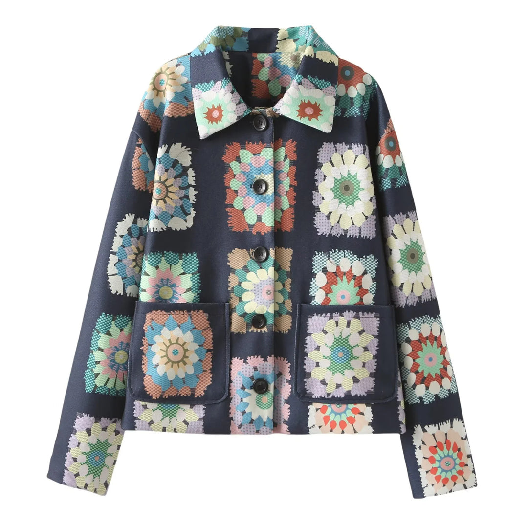 Damen modische Jacke mit floralem Muster und praktischen Taschen EB