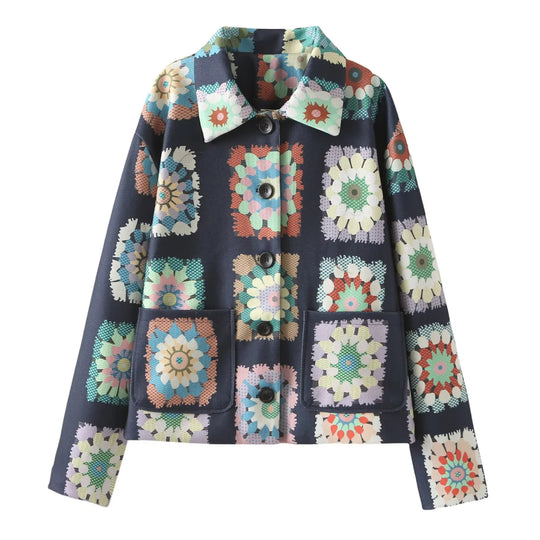 Damen modische Jacke mit floralem Muster und praktischen Taschen EB