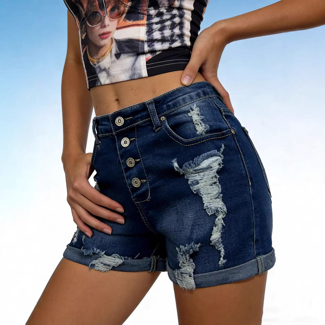 Damen modische Destroyed Denim-Shorts mit Knopfleiste EB