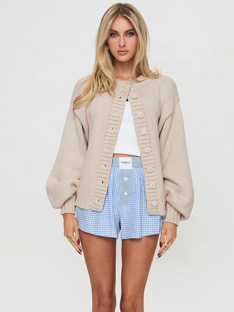 Damen gemütliche Strickjacke mit dekorativen Knopfdetails und voluminösen Ärmeln EB