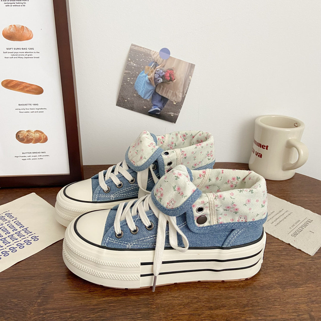 Damen Modische Plateau Sneakers mit floralem Innenfutter EB