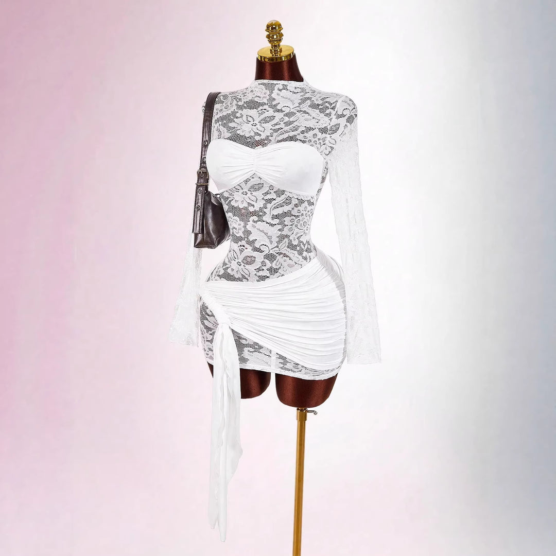 Damen nan transparentes Spitzen-Minikleid mit Bandeau-Einsatz, gerafftem Wickelrock und langen Ärmeln EB
