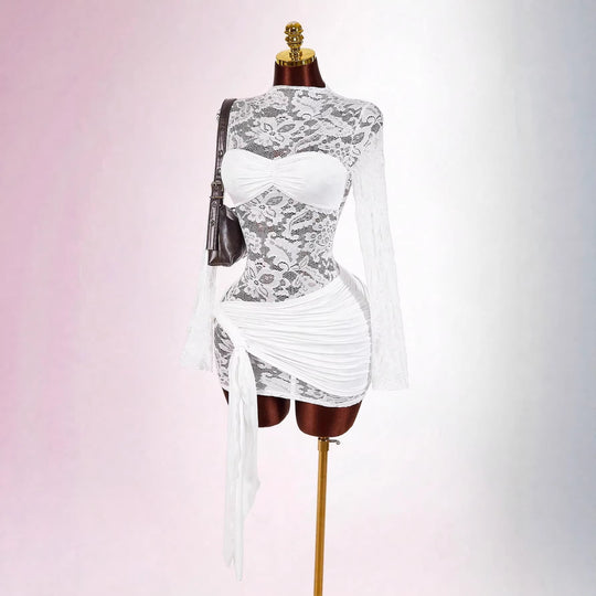 Damen nan transparentes Spitzen-Minikleid mit Bandeau-Einsatz, gerafftem Wickelrock und langen Ärmeln EB
