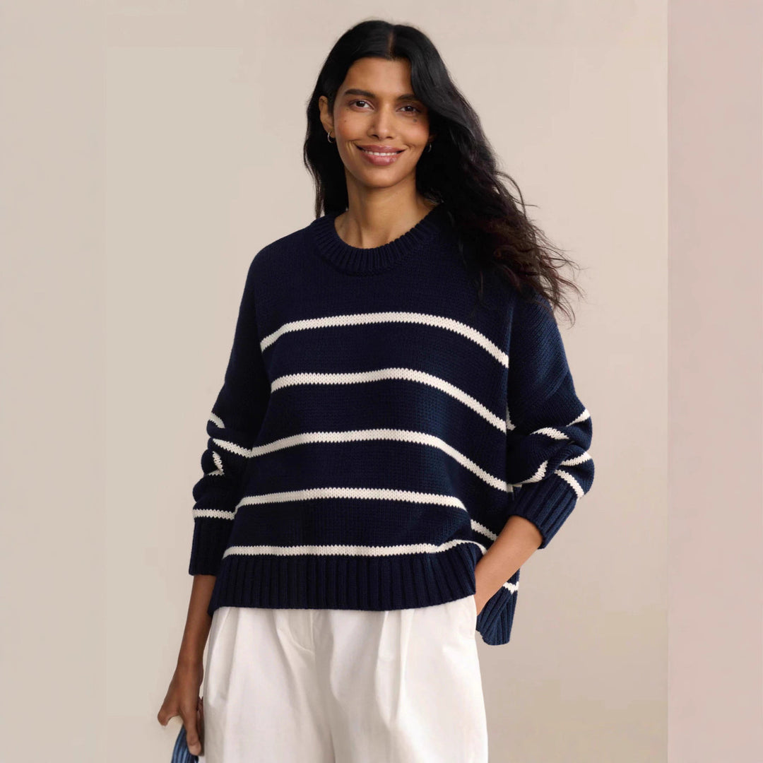 Damen gestrickter Pullover mit breitem Streifenmuster und lässigem Schnitt EB