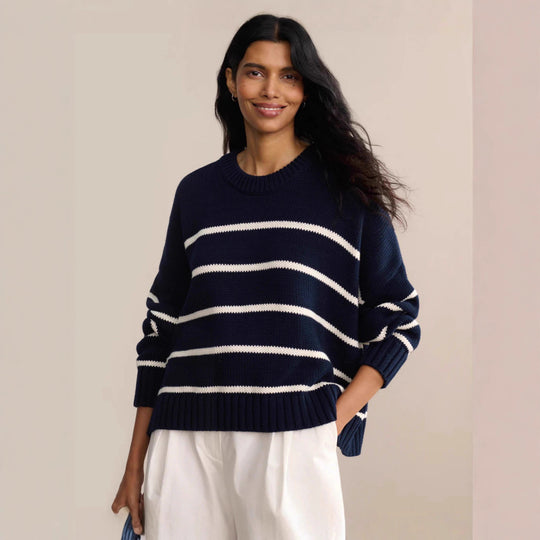 Damen gestrickter Pullover mit breitem Streifenmuster und lässigem Schnitt EB