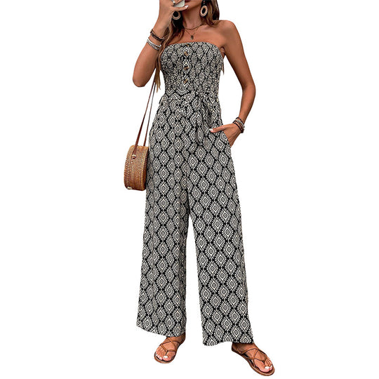 Damen Alltagsjumpsuit mit elastischem Oberteil und modischem Muster EB