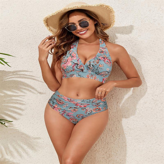 Damen Bikini-Set mit Volant-Top und hochgeschnittenem Slip EB