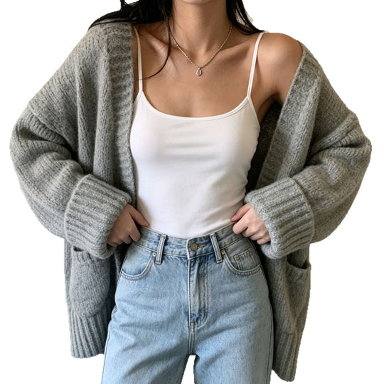 Damen Langer Offener Grobstrick-Cardigan mit aufgesetzten Taschen und gerippten Bündchen EB