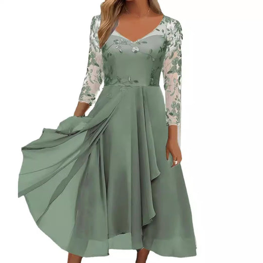 Damen nan V-Ausschnitt Chiffon-Midikleid mit besticktem Bustier, transparenten dreiviertel-Ärmeln und asymmetrischem Lagenrock EB