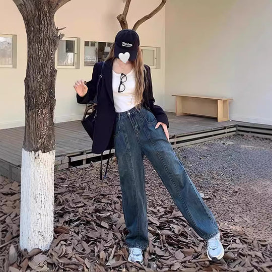 Damen Weite Denim-Hose mit hoch tailliertem Schnitt und lässigem Design EB