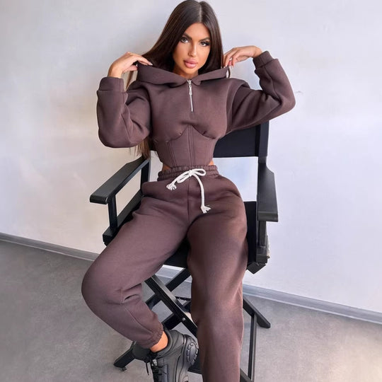 Damen Crop-Kapuzenjacke mit Korsagennaht und High-Waist Jogginghose EB