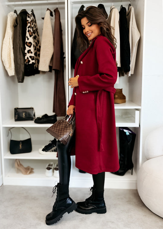 Damen eleganter Mantel mit Taillengürtel und doppelter Knopfblende EB
