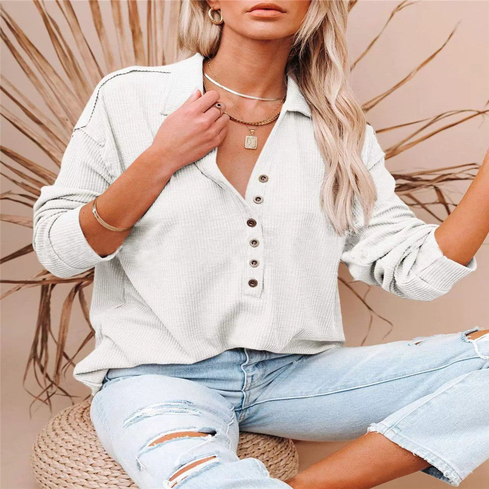 Damen nan lässiges Waffel-Polohemd mit Henley-Knopfleiste und überschnittener Schulter EB