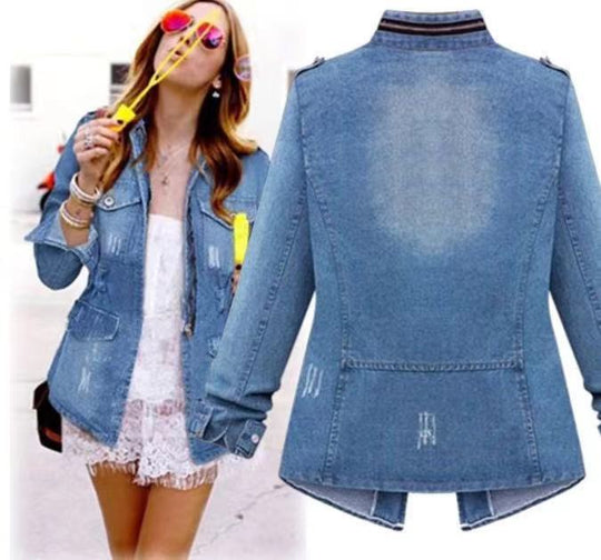 Damen Denim-Jacke mit praktischen aufgesetzten Taschen und Kordelzug EB