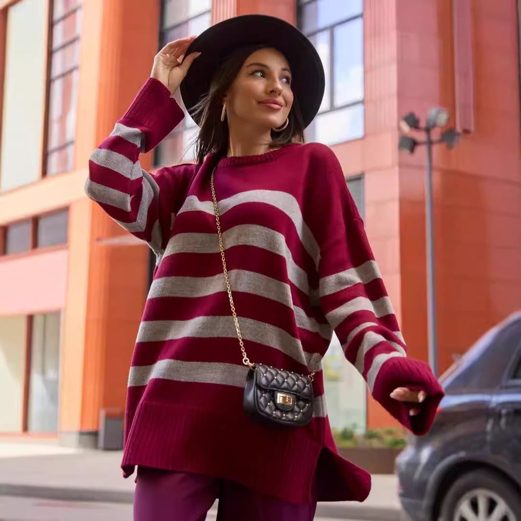 Damen Oversized Strickpullover mit modischem Streifenmuster und detailreicher Rippstruktur EB