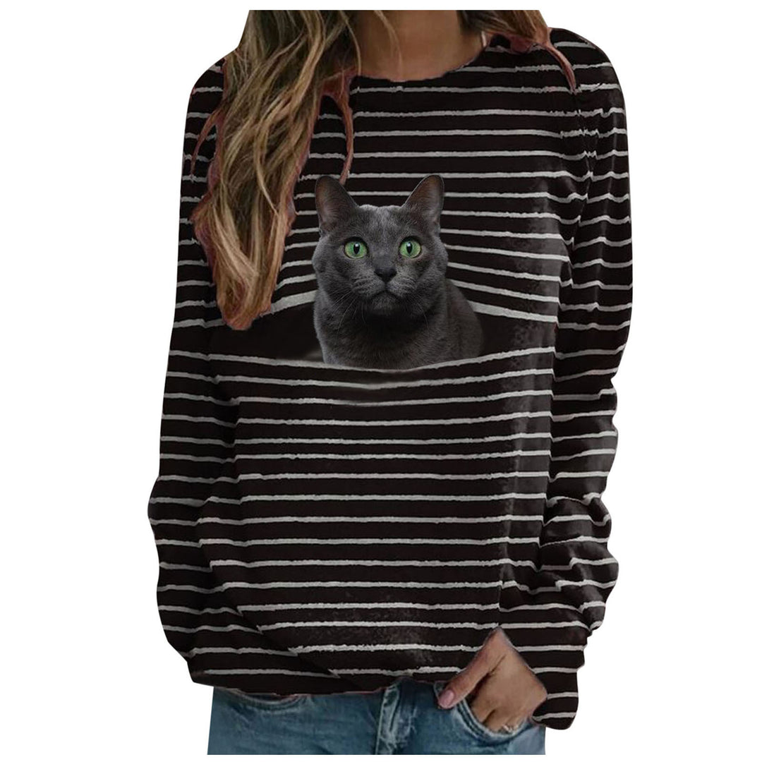 Damen nan lässiger Streifenpullover mit fotorealistischer Katzentasche und Rundhalsausschnitt EB