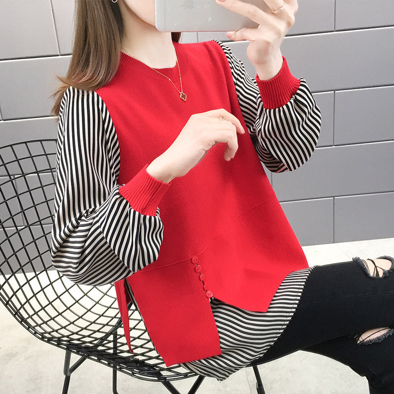 Damen Layered Sweatshirt mit gestreiften Ärmeln und Knopfdetails EB