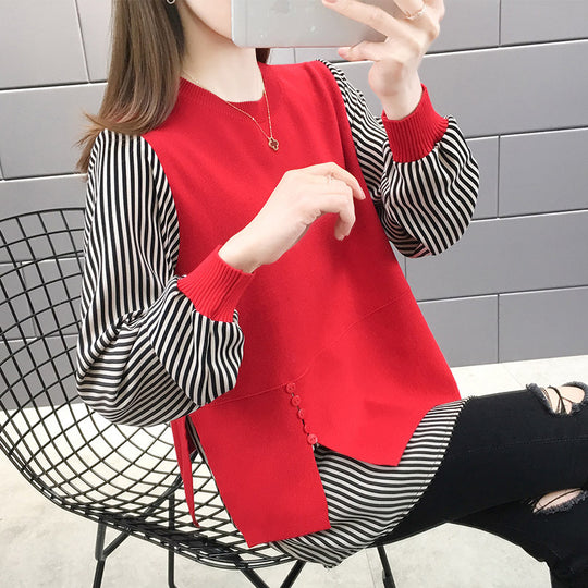 Damen Layered Sweatshirt mit gestreiften Ärmeln und Knopfdetails EB