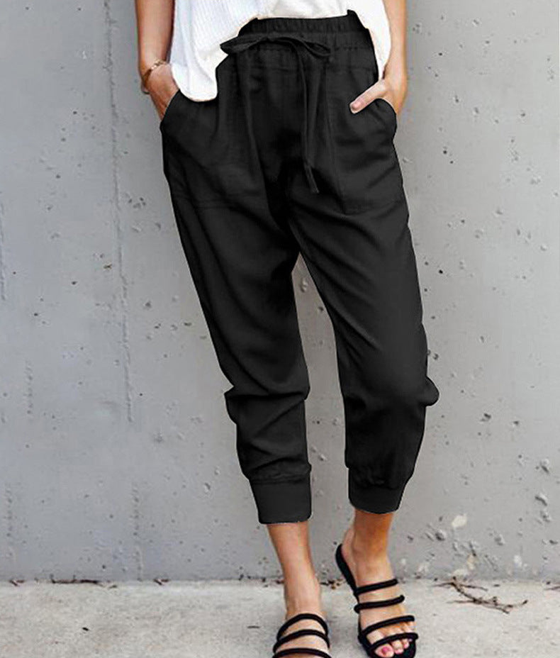 Damen nan lässige tapered Leinenhose mit elastischem Bund und Bündchen EB