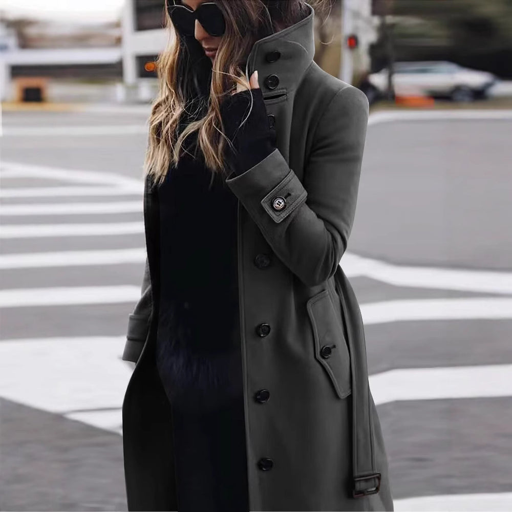 Damen eleganter Trenchcoat mit hohem Kragen und praktischen Taschen EB