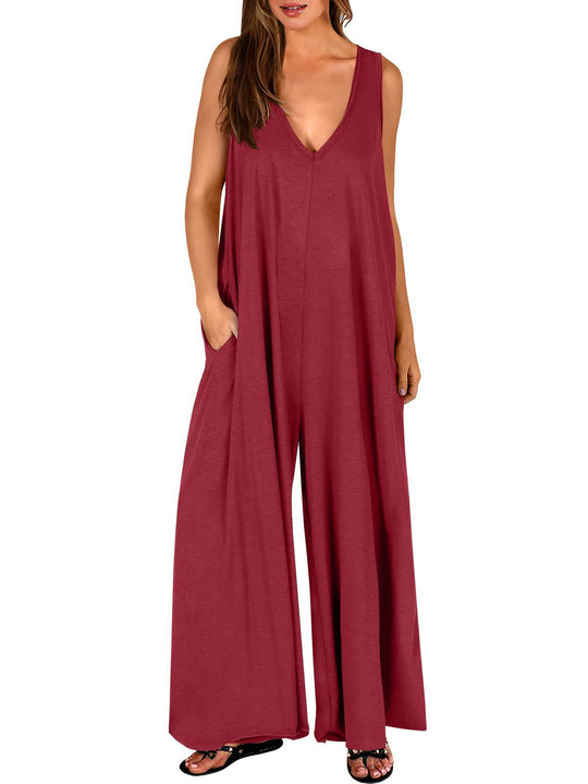 Damen Lockerer Jumpsuit mit tiefem V-Ausschnitt und seitlichen Taschen EB