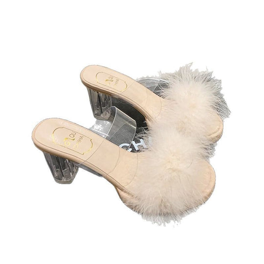Damen elegante Mules mit transparentem Blockabsatz und feiner Fellverzierung EB