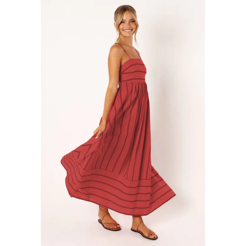 Damen Maxikleid mit feinen Streifen und elastischem Taillenbund EB