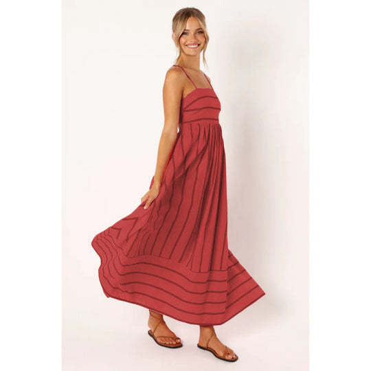 Damen Maxikleid mit feinen Streifen und elastischem Taillenbund EB