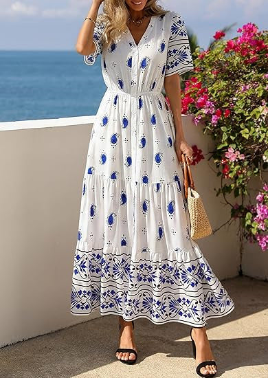 Damen Boho Maxikleid mit floralen Prints und Taillengürtel EB