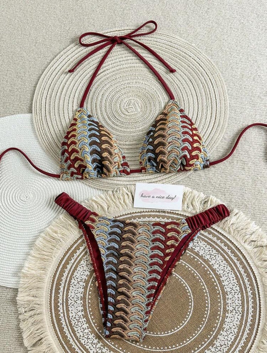 Damen Triangel-Bikini mit buntem Häkelmuster EB