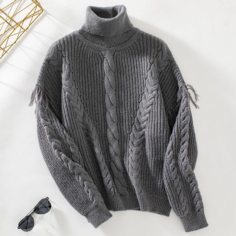 Damen Strickpullover mit hohem Kragen und Zopfmuster EB