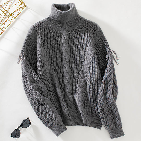 Damen Strickpullover mit hohem Kragen und Zopfmuster EB
