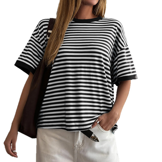 Damen Oversized Streifen-T-Shirt mit Kurzarm und Rundhalsausschnitt EB