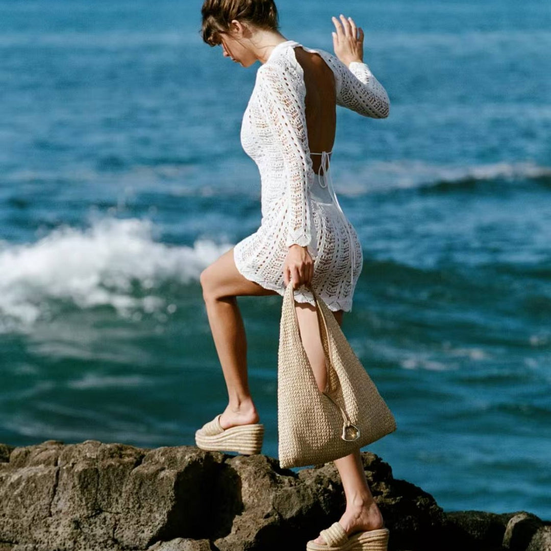 Damen eleganter, transparenter Häkel-Strandüberwurf EB