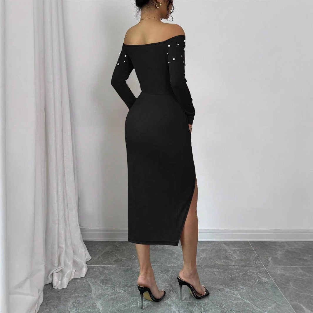 Damen Off-Shoulder Kleid mit eleganten Raffungseffekten und glitzernden Akzenten EB