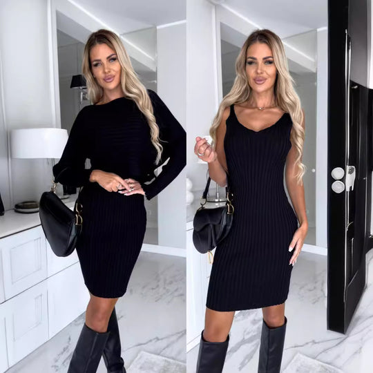 Damen figurbetontes Rippshirt-Kleid mit elegantem Ausschnitt EB