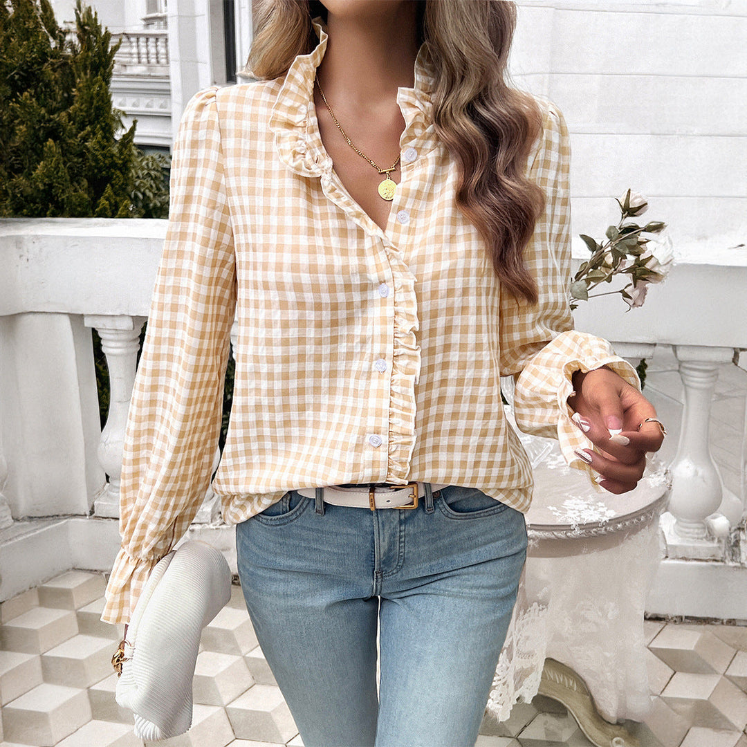 Damen Karierte Bluse mit Rüschendetails und Knopfleiste EB