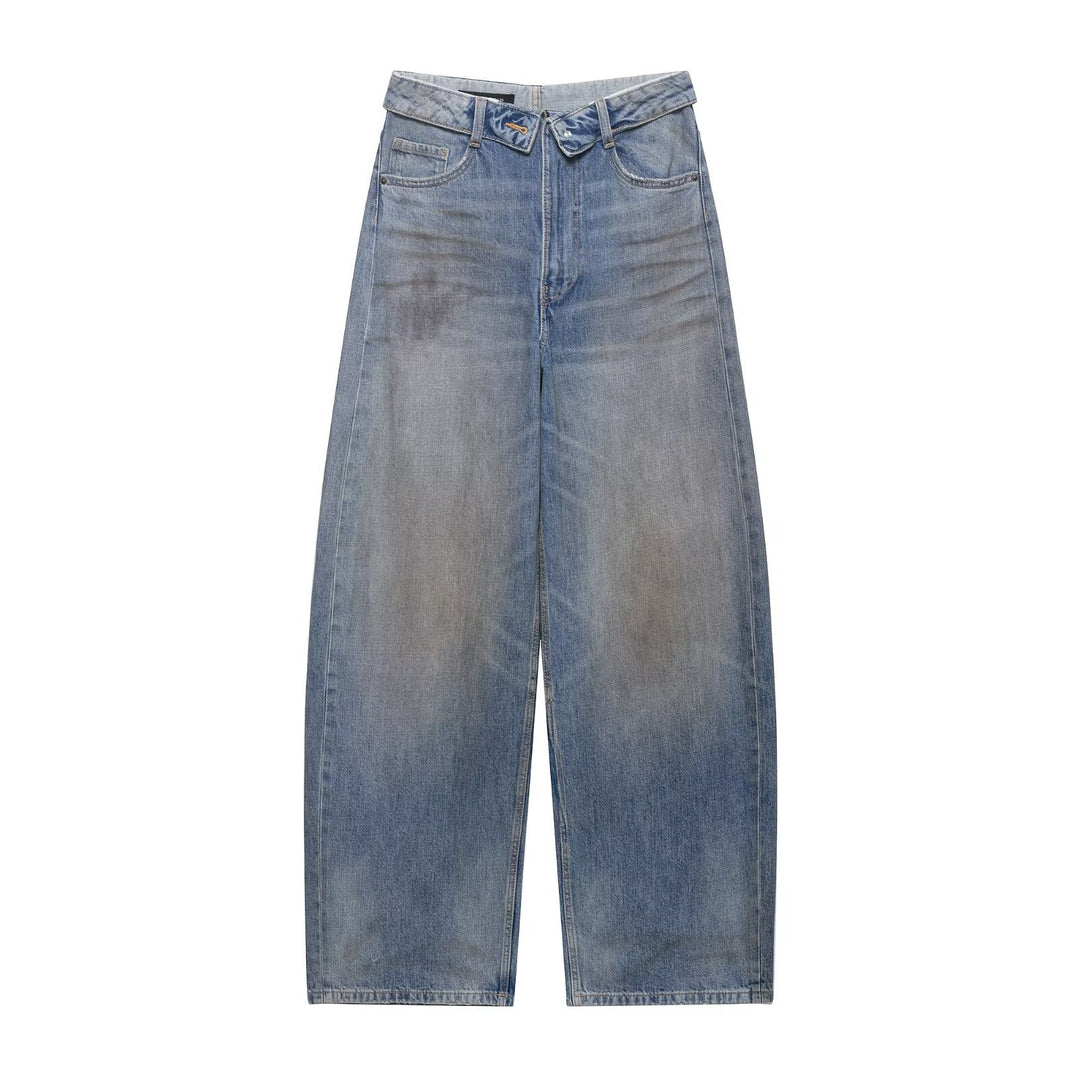 Damen nan weite Highwaist-Jeans im Vintage-Look mit ausgefransten Rissen EB
