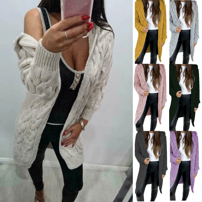Damen lange Strickjacke mit Kapuze und Zopfmuster EB