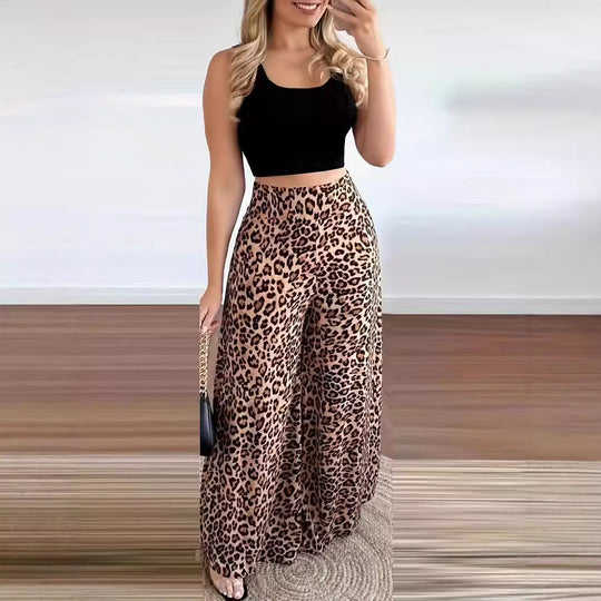 Damen Weite Leoprint-Hose mit hohem Bund und elastischem Taillenbund EB