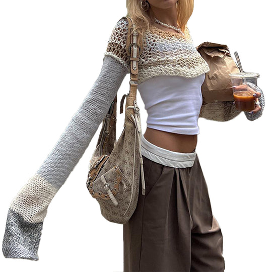 Damen gehäkeltes Crop-Top mit langem Arm und bunten Streifen EB