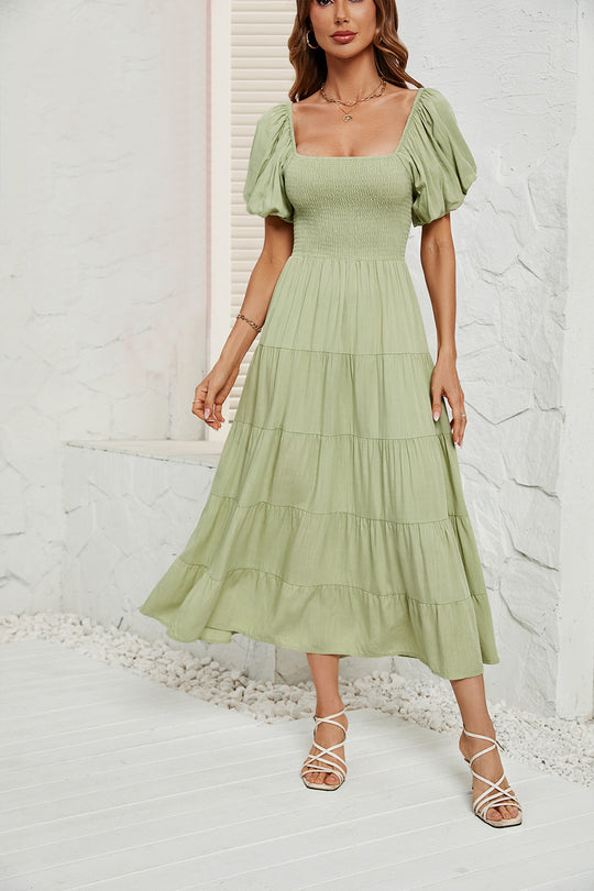 Damen Maxikleid mit Puffärmeln und elastischem Oberteil EB