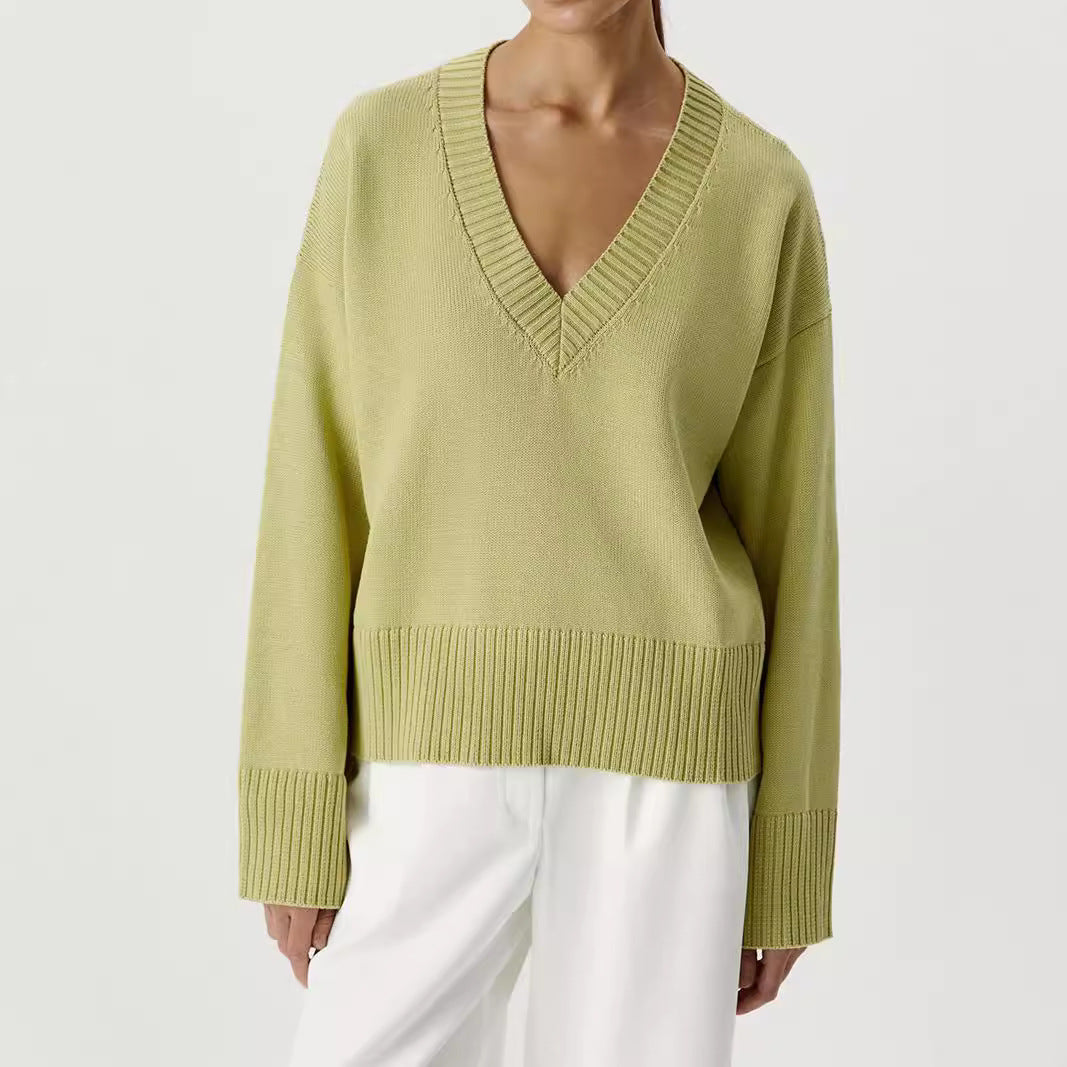 Damen Strickpullover mit tiefem V-Ausschnitt und lässigem Schnitt EB