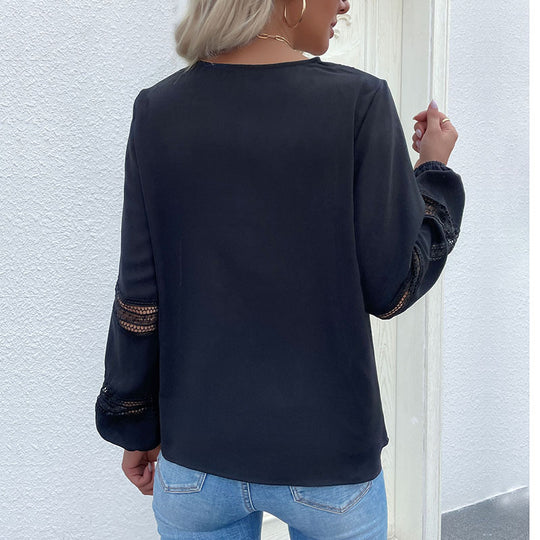 Damen Hemdbluse mit Spitzenakzenten und modernem V-Ausschnitt EB