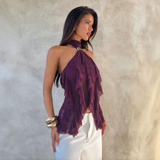 Damen nan Chiffon-Haltertop mit dekorativem Metallring und mehrlagigen Volants EB