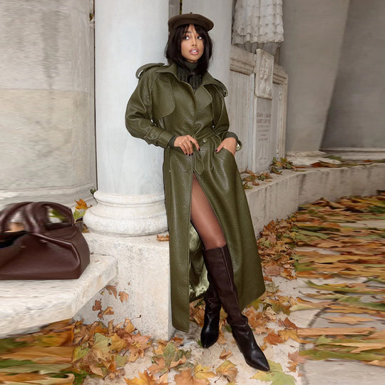 Damen Kunstleder Trenchcoat mit Oberteil und Taillengürtel EB