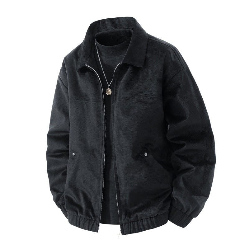 Herren leichte Harringtonjacke im Veloursleder‑Look mit Hemdkragen, durchgehendem Reißverschluss und elastischem Saum EB