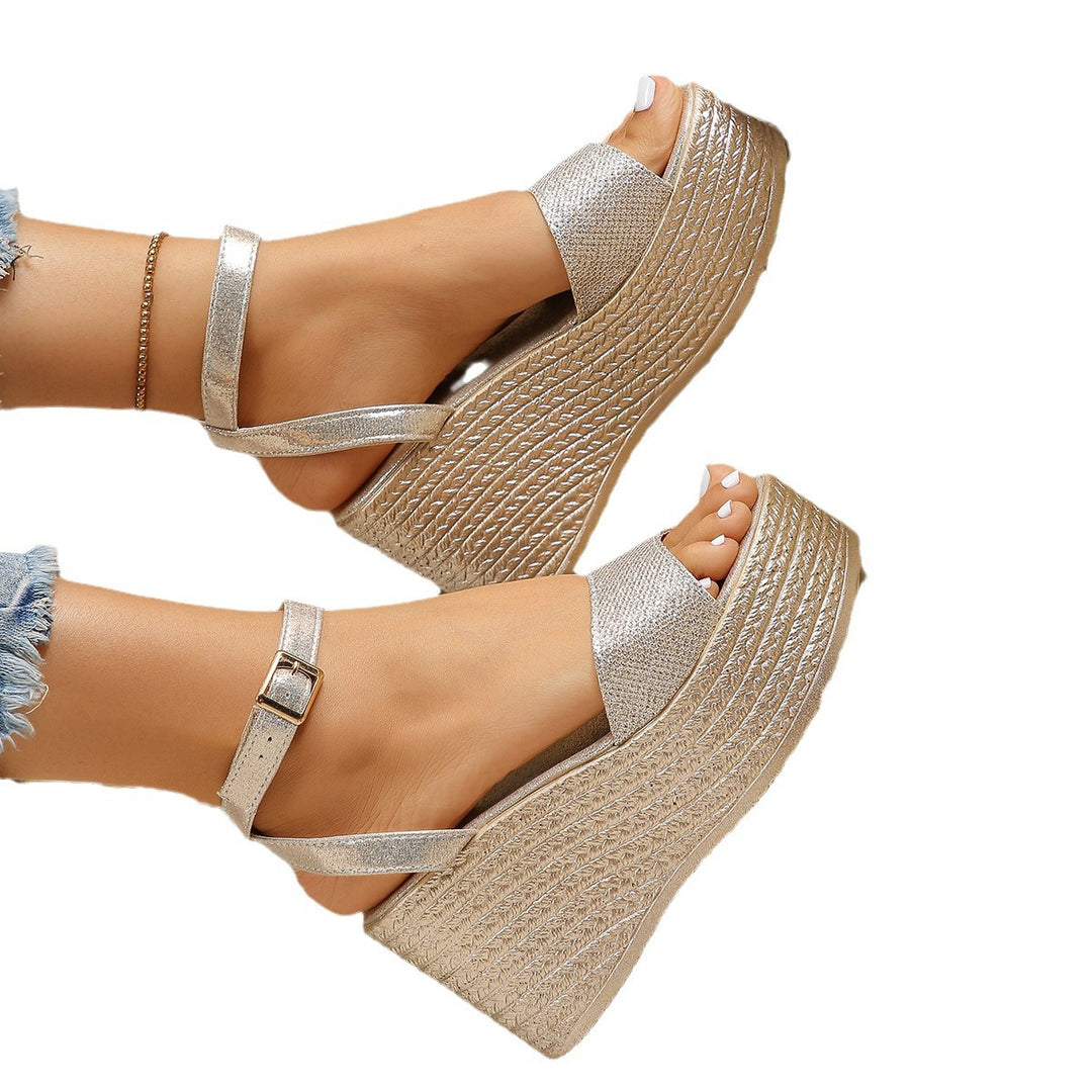 Damen modische Plateau-Sandalen mit glänzendem Obermaterial und verstellbarem Riemen EB