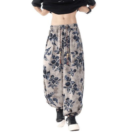 Damen nan lässige Pluderhose im Ethno-Print mit elastischem Bund, Kordelzug und gesmokten Bündchen EB
