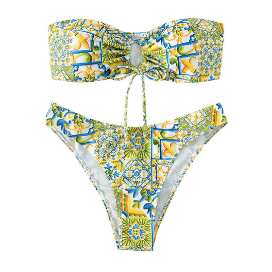 Damen Bandeau-Bikini mit raffiniertem Bindedetail und floralem Druck EB